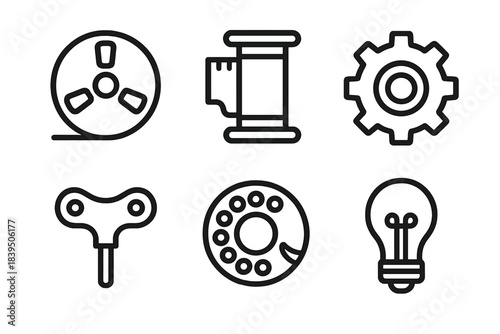 Mechanical Memory Icons. Line style icons of Mechanical Memory: reel tape, film spool, metal gear, winding key, button dial, glass