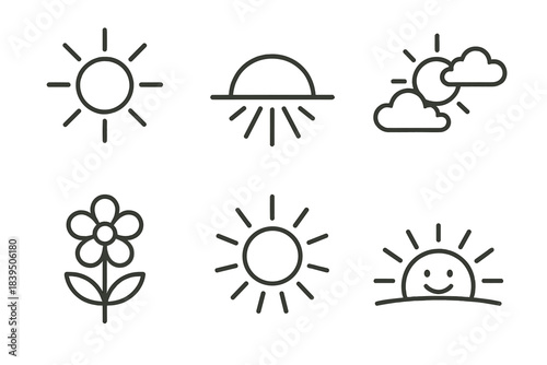 Sunny Hope Icons. Line style icons of Sunny Hope: bright sun, rising beam, open sky, blooming flower, warm ray, smiling horizon.