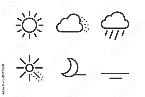 Emotional Shift Icons. Line style icons of Emotional Shifts: glowing sun, fading cloud, falling rain, rising moon, dissolving ray,