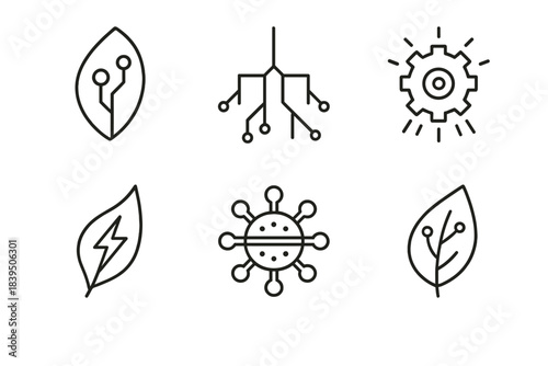Cyber Flora Icons. Line style icons of Cyber Flora: digital petal, neon root, glowing gear, electric stem, mechanical pollen, soft