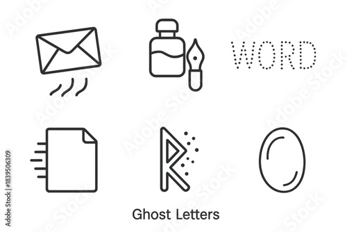 Ghost Letter Icons. Line style icons of Ghost Letters: floating envelope, translucent ink, fading word, paper echo, dissolving