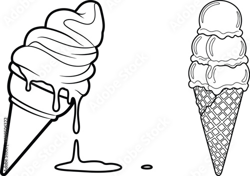 Two hand drawn ice cream cones one melting with dripping soft serve and one stacked with scoops isolated on transparent background
