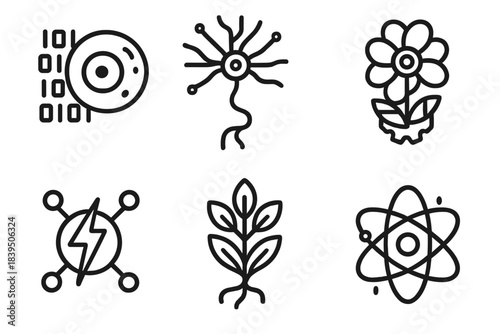 Machine Biology Icons. Line style icons of Machine Biology: coded cell, radiant nerve, iron petal, electric enzyme, data stem,