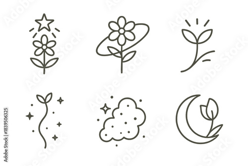 Interstellar Garden Icons. Line style icons of Interstellar Garden: blooming star, orbiting flower, radiant seed, drifting stem,