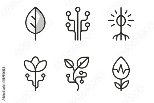 Techno Garden Icons. Line style icons of Techno Garden: chrome leaf, fiber stem, luminous root, wired blossom, digital vine,