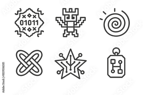 Tech Heritage Icons. Line style icons of Tech Heritage: binary embroidery, pixel totem, glowing spiral, data weave, circuit star,