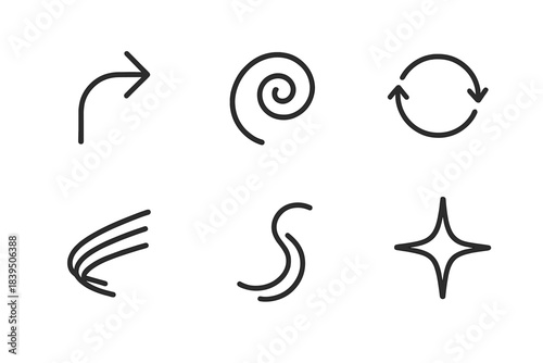 Dynamic Flow Icons. Line style icons of Dynamic Flow: bending arrow, swirling shape, rotating ring, streaking trail, fluid curve,