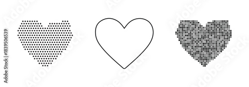 Three different heart icons dotted, outline, and pixelated mosaic