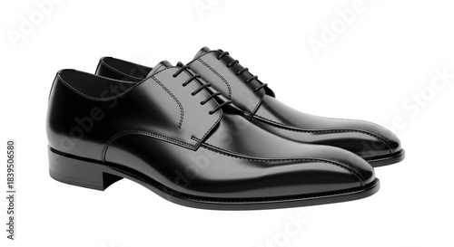 Elegant black leather dress shoes pair displayed in a stylish arrangement isolated on transparent background
