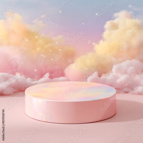 Pastel Pink Platform Stage With Dreamy Clouds and Sparkles photo Background podium display