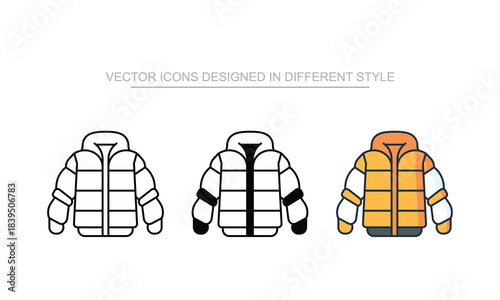Puffer Coat icons set in different style with white background