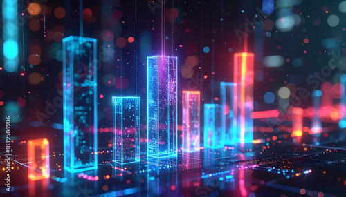 Data Visualization: An abstract digital rendering showcases glowing bar charts, pulsing with vibrant energy. Representing the essence of data analysis and technological innovation.