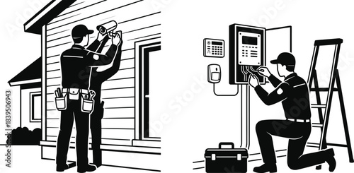 Security system installation service vector icons