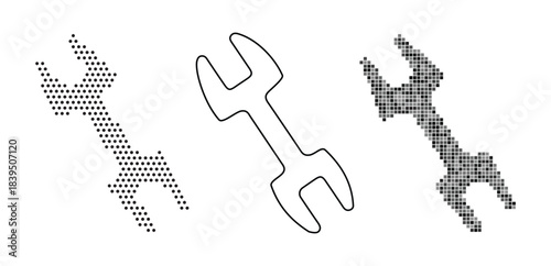 Three representations of a wrench icon pixelated, outline, and mosaic