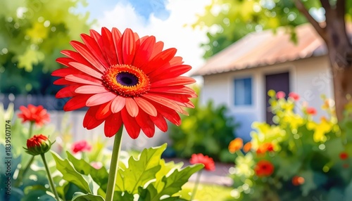 Red flower blooms vividly in garden house visible vibrant red flower stands out against garden and distant house