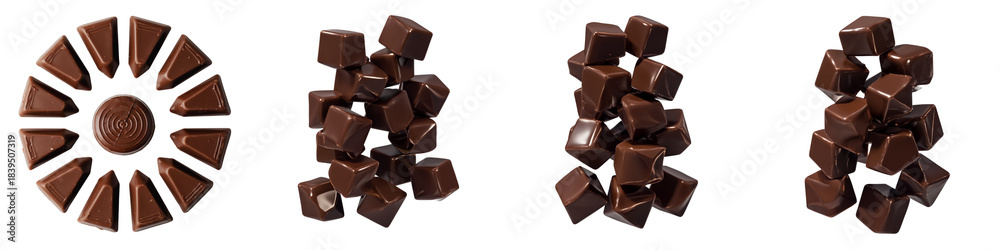 Fototapeta premium Set of milk chocolate blocks with caramel-filled triangles and broken angular chocolate shards on transparent background