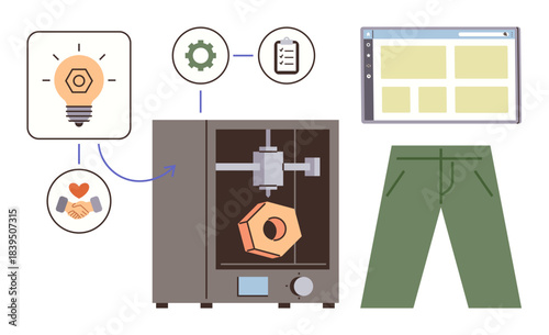 3D printer creating an object, lightbulb for innovation, gear representing process, heart handshake for collaboration, digital screen for design. Ideal for creativity, technology, prototyping