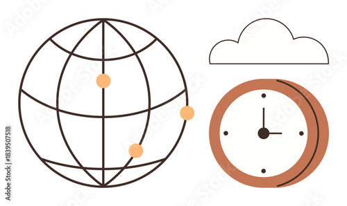 Globe with location points, clock denoting time zones, and cloud. Ideal for global networking, travel, time tracking, technology, cloud computing, communication flat metaphor