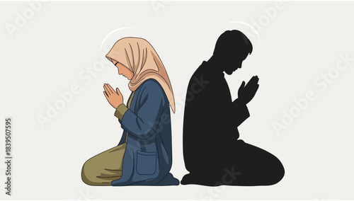 Diverse Muslim Couple Praying Together Back to Back Symbolizing Faith and Unity