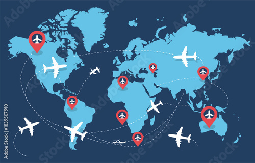Global Flight Routes World Map Illustration – International Air Travel and Aviation Network