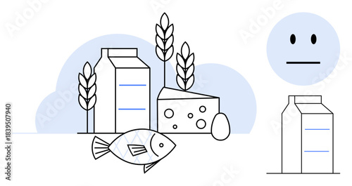 Food allergies, dietary restrictions, nutrition awareness, intolerance education, health illustration, eating habits. Milk, wheat cheese fish and a face reactions. Food allergies and dietary