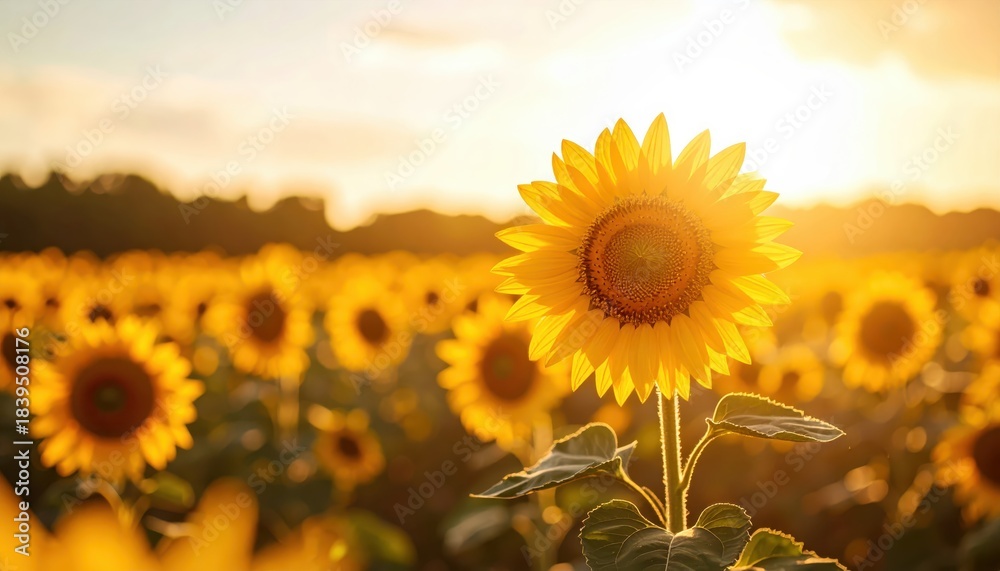 Fototapeta premium Bright sunflower stands tall in expansive field golden bloom dominates sea of vibrant yellow plants