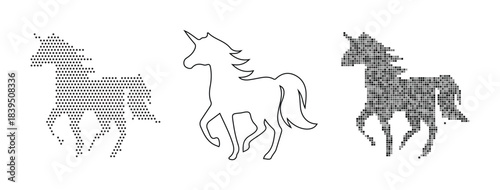 Three mosaic unicorn designs in different shades and styles side by side