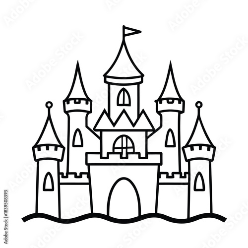 Fantasy fairytale castle vector illustration of a medieval kingdom building with a tower, gate, and flag on a hill