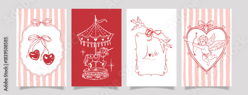 Romantic Valentine card set with hand-drawn sketch illustrations, cherries, carousel unicorn, doves, bows, heart frames, and cherub Cupid. Cute retro coquette style for , wedding, and holiday design