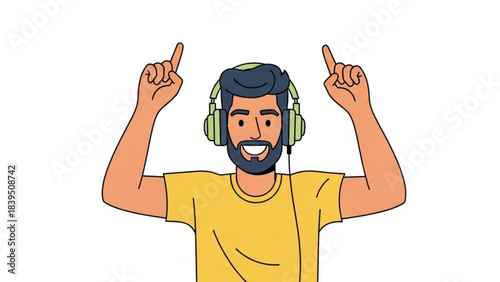 Happy bearded man listening to music with headphones, pointing up, white
