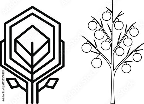 Geometric abstract stylized tree symbol and a simple line drawing of an apple tree isolated on transparent background