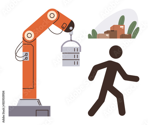 Robotic arm lifting a cylindrical object, worker silhouette walking, stacked boxes on greenery background. Ideal for automation, logistics, industry, robotics, manufacturing, technology workplace