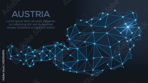 Geometric low-poly vector depiction of Austria, showing illuminated cities and population clusters as sparkling dots and space-inspired stars. digital communication network