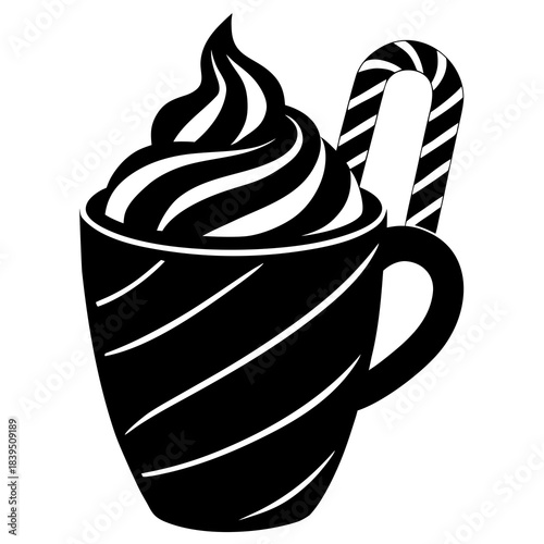 Black and white silhouette of a peppermint mocha cup with whipped cream and candy cane