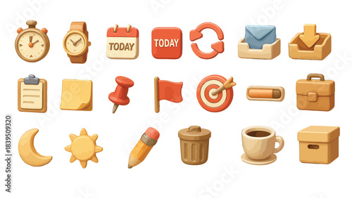 Adorable 3D rendered business and productivity icon collection for daily task management, scheduling, and office work. Essential digital graphics for modern projects