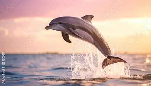 Dolphin leaps from water during golden sunset moment aquatic mammal performs against vibrant sky backdrop