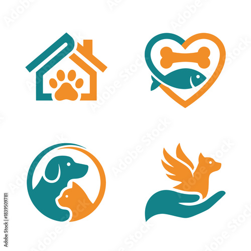 Modern Vector Pet Animal Care Logo Icons collection for Dog, Cat, Home, and Health related businesses, offering professional branding solutions.