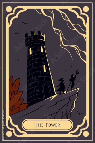 Dramatic Tarot Tower Card Vector with Lightning and Dark Castle