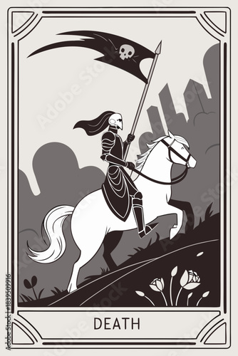 Mystic Tarot Death Card Vector with Skeleton Knight on Horse