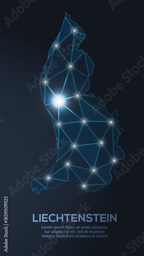 Low-poly vector map of Liechtenstein featuring glowing city lights and population density illustrated through star-like dots and cosmic shapes.