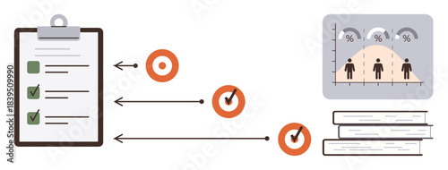 Clipboard with checklist, progress arrows, targets, analytics chart, and books. Ideal for planning, goal-setting, productivity statistics education research and organization. Simple flat metaphor