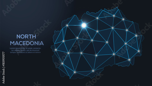 Low-poly vector map of Northern-Macedonia featuring glowing city lights and population density illustrated through star-like dots and cosmic shapes.