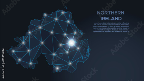 Low-poly vector map of Northern-Ireland featuring glowing city lights and population density illustrated through star-like dots and cosmic shapes.