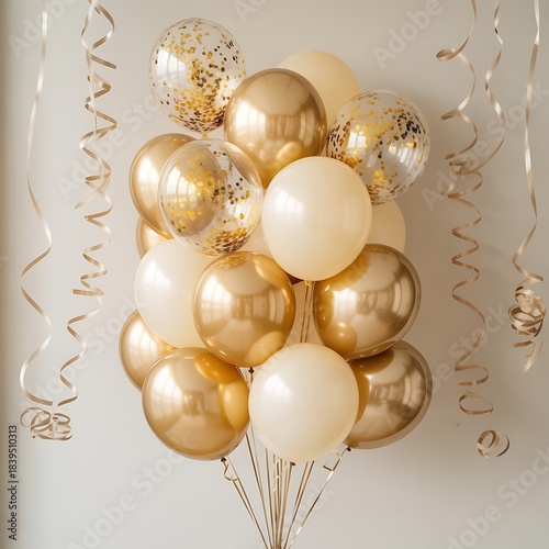 Elegant arrangement of gold and cream balloons with shimmering streamers for a festive celebration