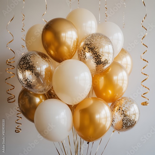 Elegant arrangement of gold and white balloons with confetti for celebration and festive occasions