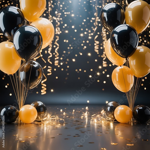 Festive black and gold balloons with confetti and bokeh lights for celebration and party background