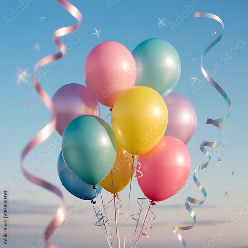 Brightly colored balloons floating and twirling with ribbons against a clear blue sky