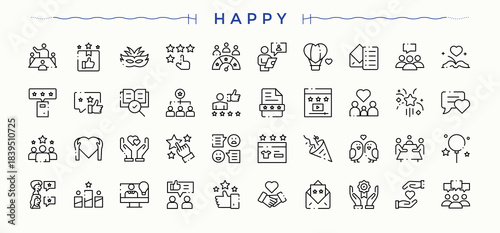 Happy icon set in linear style. Line symbol and sign. Contains such icons as surprise, party, anniversary, celebrate, holiday, present. Pixel perfect. Vector illustration. Present line icon set.
