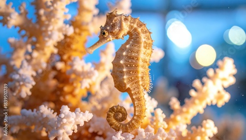 Seahorse gracefully rests on aquatic plant structure marine creature balances on submerged dendrite formation