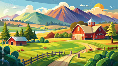 Very beautiful summer farm landscape near Stowe with open meadows, rustic fences, and Mount Mansfield rising in the distance. Sunlit fields create a serene, refreshing New England countryside experien